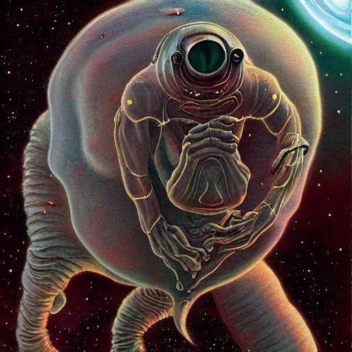 Prompt: the alien transcendent cosmic tardigrade that awaits you at the end of all of space and time, by Gerald Brom