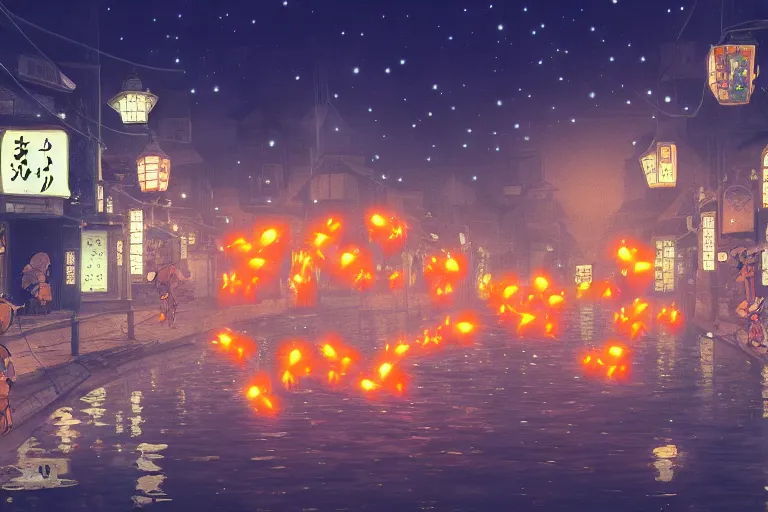 Image similar to fantasy art of glowing goldfish swimming in the air, in the streets of a japanese town at night, with people watching in wonder, by hayao miyazaki, highly detailed digital art, trending on artstation