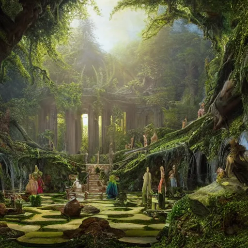 Prompt: a beautiful and highly detailed matte painting of a elven temple in a magical fantasy garden in a lush forest, elk, deer, intricate details, epic scale, insanely complex, 8 k, sharp focus, hyperrealism, very realistic, by caspar friedrich, albert bierstadt, james gurney, brian froud,