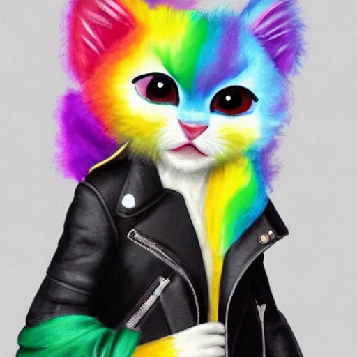 Image similar to wide angle full body, jacket wearing fluffy cute rainbow kitten wearing a black leather motorcycle jacket, concept art