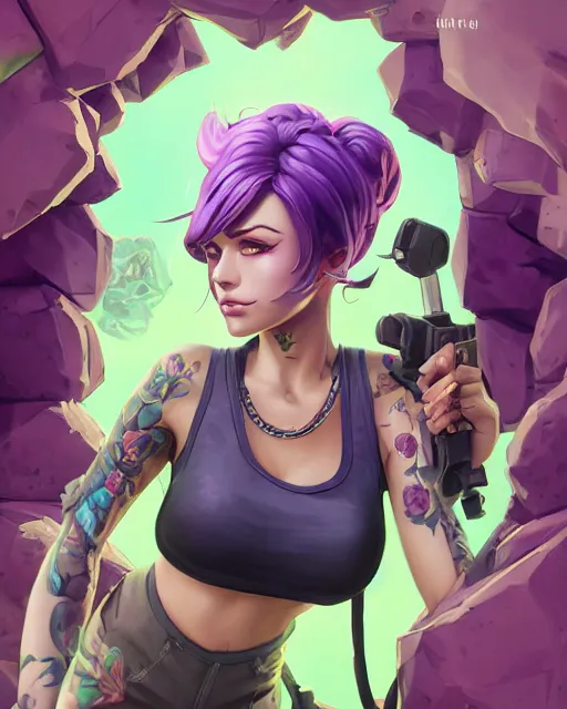 Prompt: beautiful female purple hair tattoo symmetrical face eyes headset twitch streamer full length fantasy art apex fortnite Video game icon, 2d game art gta5 cover , official fanart behance hd artstation by Jesper Ejsing, by RHADS, Makoto Shinkai and Lois van baarle, ilya kuvshinov, rossdraws