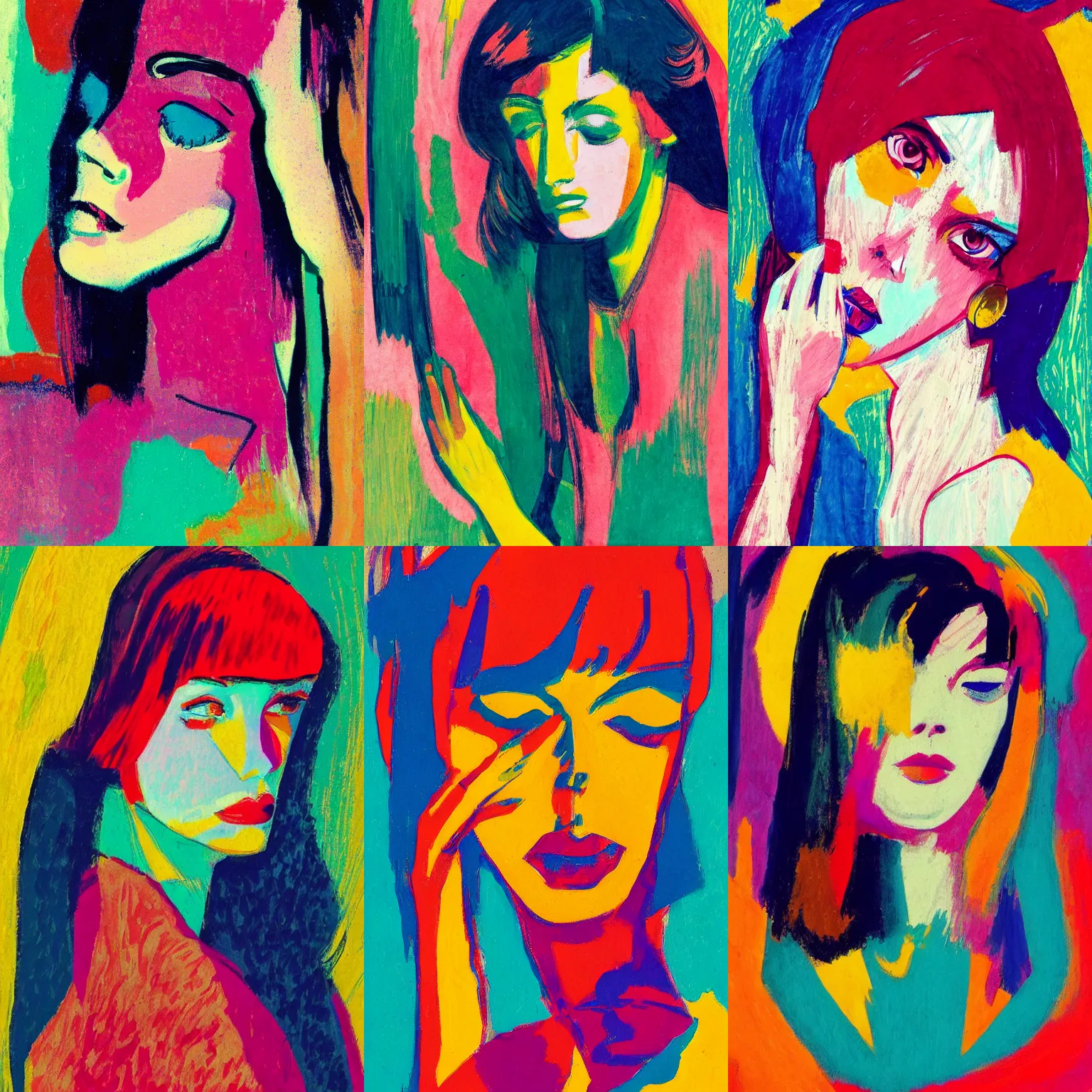 Prompt: girl portrait, abstract, rich details, modern composition, coarse texture, concept art, visible strokes, colorful, Kirchner, Gaughan, Caulfield, Aoshima, Earle