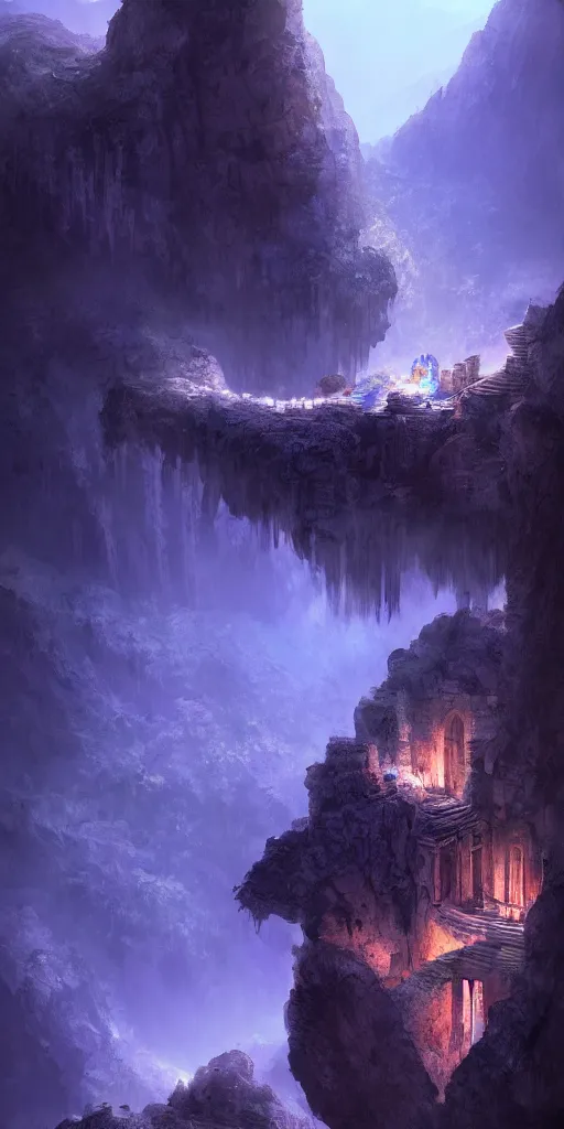 Image similar to Gorge in the mountain, white stone temple ruins, night dramatic lighting, blue and purple tones, wide camera angle, matte painting, trending on ArtStation, concept art, delightful surroundings, high detail, sharp contrast, picturesque