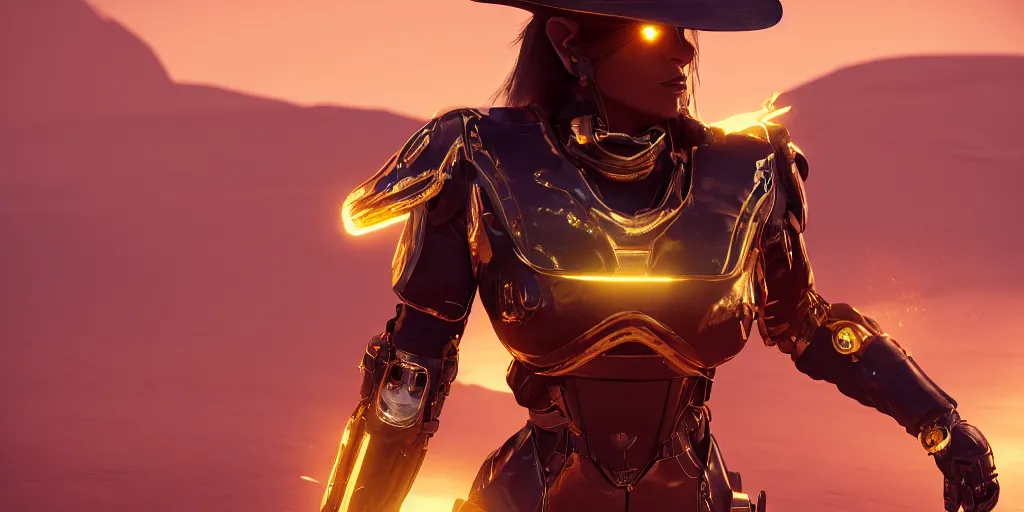 Image similar to Panorama screenshot beautiful female cyborg, super bright gold glowing eyes, wearing a cowboy hat, photographic highly detailed desert, dynamic dramatic golden moody lighting, volumetric lighting, shadows,cinematic atmosphere,Artstation, DAZ, bungie, hyperrealistic 3D digital art,Octane render