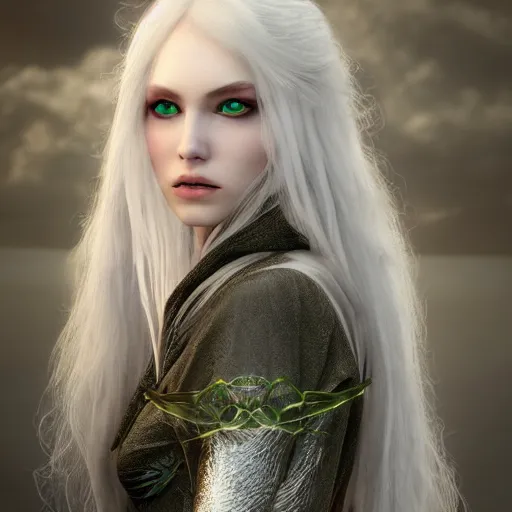 Prompt: beautiful pale sorceress in silver cloak who has a symmetrical face, green eyes, long blonde hair, surrounded by ethereal fog highly detailed unreal engine