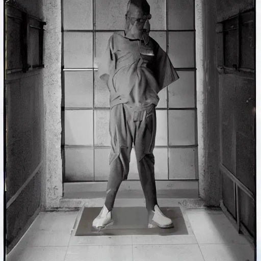 Image similar to donald trump in prison, orange prisonner uniform, photography, medium shot, filthy and humid prison, natural prison light, by terry richardson