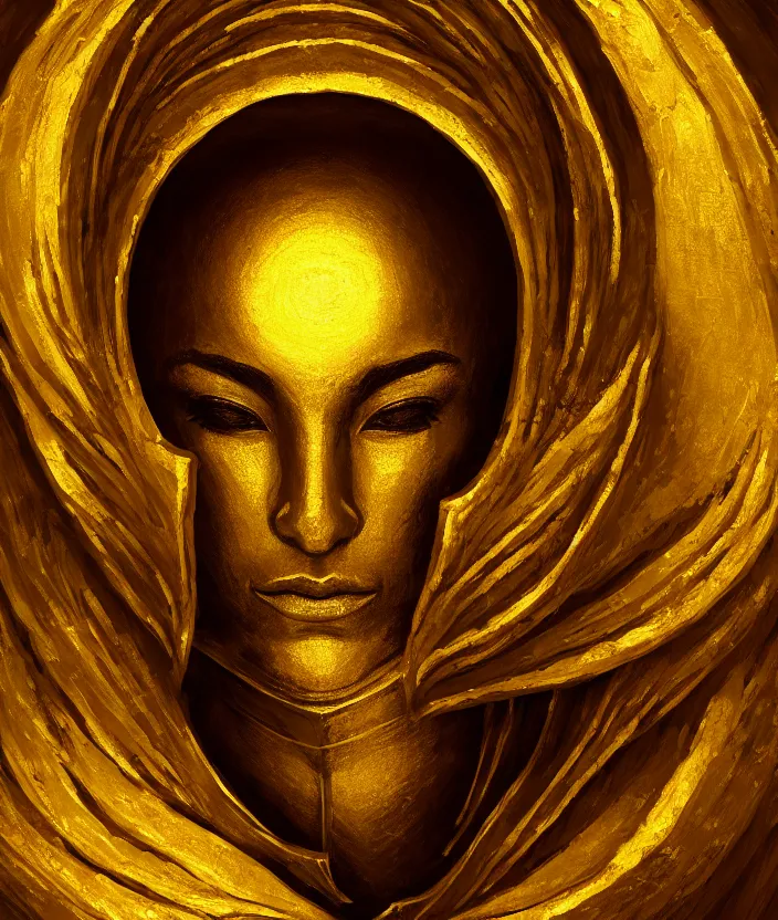 Prompt: a golden saint emerges from the door to cyrodiil, oil painting, aesthetic face, symmetrical face, magic, oblivion, morrowind, skyrim, skywind, skyblivion, dark, gloomy, portrait, character portrait, concept art, symmetrical, 4 k, macro detail, realistic shadows, bloom, cosplay, dviant art