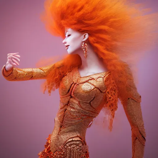 Image similar to a majestic orange - haired woman wearing an intricate and detailed armor made of candy floss. layers. textures. delicate. elaborate. translucent. soft. ethereal. fragile. vulnerable. studio portrait. photorealistic. octane render