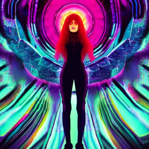 Image similar to long Shot of psychedelic Black widow standing in mysterious chromatic astral temple , stylish, lsd, soft, vsco, cinematic, artwork by WLOP