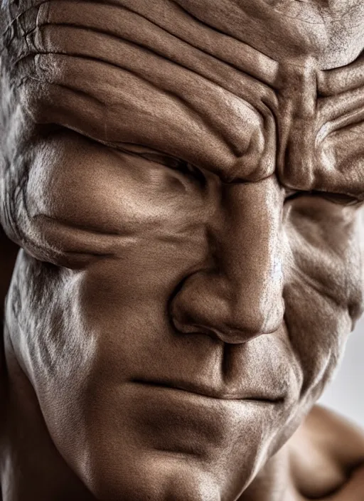 Prompt: high resolution close up portrait head photo of sculpture made of muscles face morphed muscular body face muscle biceps triceps, morphing muscles bodies strong strongest muscles merged with muscular body