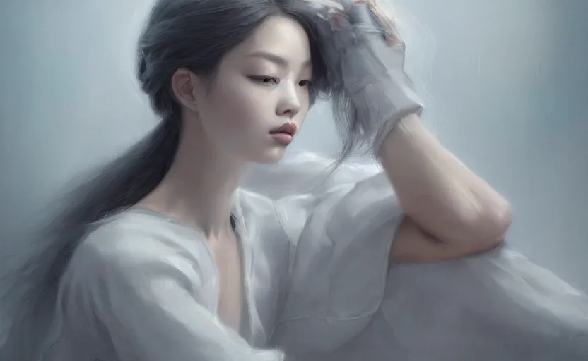 Prompt: blackpink jennie, sitting, soft grey and blue natural light, intricate, digital painting, artstation, concept art, smooth, sharp focus, illustration, art by greg rutkowski and luis rollo and uang guangjian and gil elvgren, symmetry!