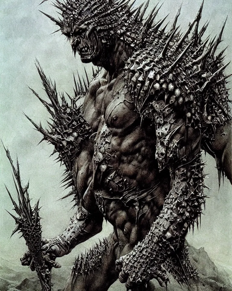 Image similar to A muscular, large fanged orc with pale skin covered in scars stands near the hills, wearing spiky, complex, detailed armor without a helmet. Extremely high detail, realistic, fantasy art, masterpiece, art by Zdzisław Beksiński, Arthur Rackham