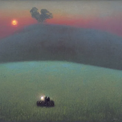 Image similar to a battlemech standing in a field at sunset by Beksinski