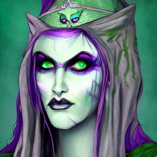 Prompt: character art of evil druidess | silver curved dagger | by Brom | blighted forest | comic book style | realistic face and body | beautiful detailed young face | pulp adventure heroine | green and purple vivid | thick line art