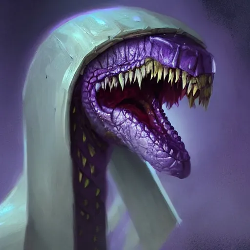 Image similar to a portrait of a violet snake-head, snake head, two fangs, violet theme, epic fantasy digital art, fantasy style art, by Greg Rutkowski, fantasy hearthstone card art style