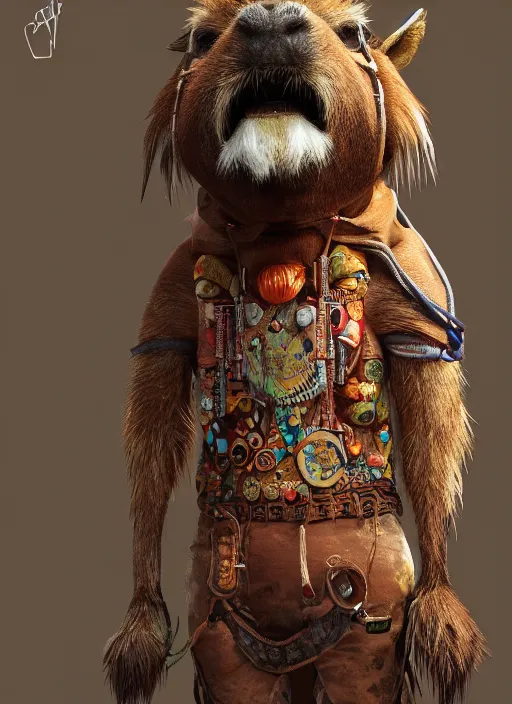 Image similar to detailed full body concept art illustration oil painting of an anthropomorphic capybara cowboy in full intricate clothing by Diane Whitehead, biomutant, ultra detailed, digital art, octane render