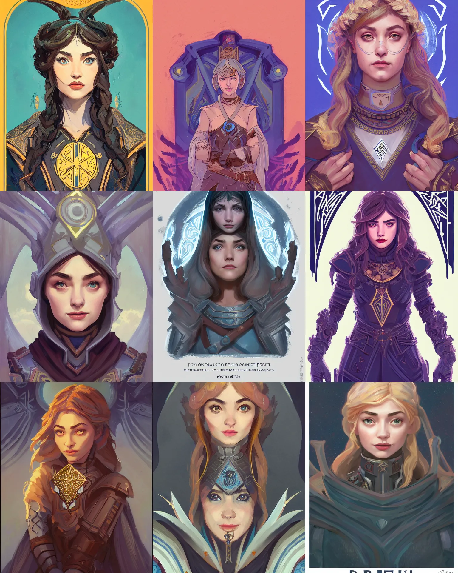 Prompt: front facing symmetrical centered painted portrait, just one head, Imogen Poots as a D&D Paladin, Mucha tarot card, RPG character avatar, Blizzard concept art, pixar, dreamworks, global illumination lighting, trending on artstation, by lois van baarle, ilya kuvshinov, rossdraws