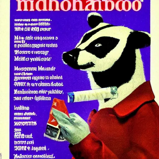 Prompt: anthropomorphic badger smoking marlboro cigarettes, 8 0 s magazine advertisement