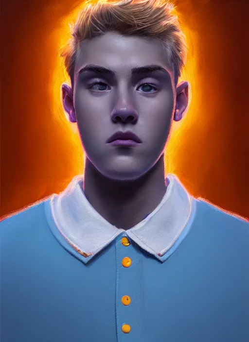 Image similar to portrait of high school senior boy named big moose, blonde short hair, jock, beefy, wide face, square jaw, square facial structure, blue varsity jacket with his name, intricate, elegant, glowing lights, highly detailed, digital painting, artstation, concept art, sharp focus, illustration, art by wlop, mars ravelo and greg rutkowski