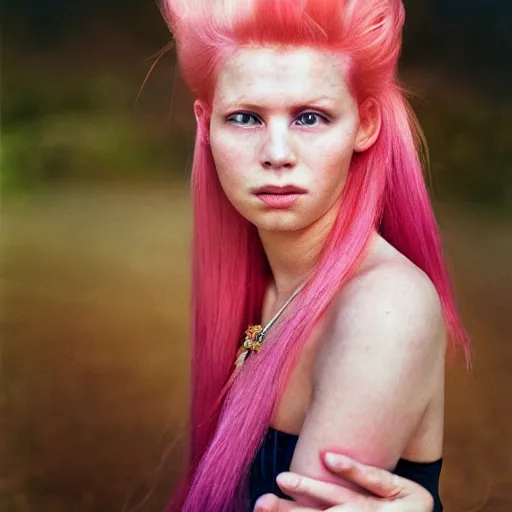 Image similar to a beautiful woman with pink hair and fair skin, portrait photograph, nikon 3 5 mm, photograph by annie leibovitz and steve mccurry,