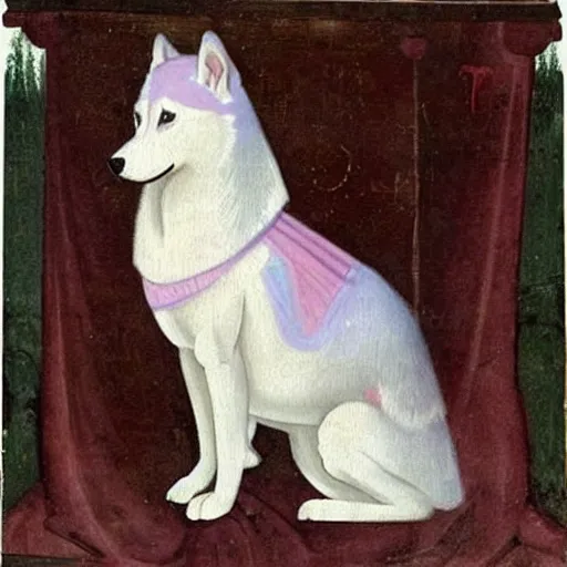 Image similar to derpy siberian husky dog princess in pink gown, medieval painting