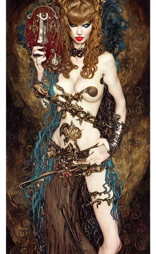 Prompt: full length portrait of a woman who is a hybrid of cookie monster and taylor swift, sorcereress using dark seduction magic, d & d, medieval, fantasy, royo, klimt, miro, vallejo, frazetta, alphonse mucha, greg rutkowski, whealan