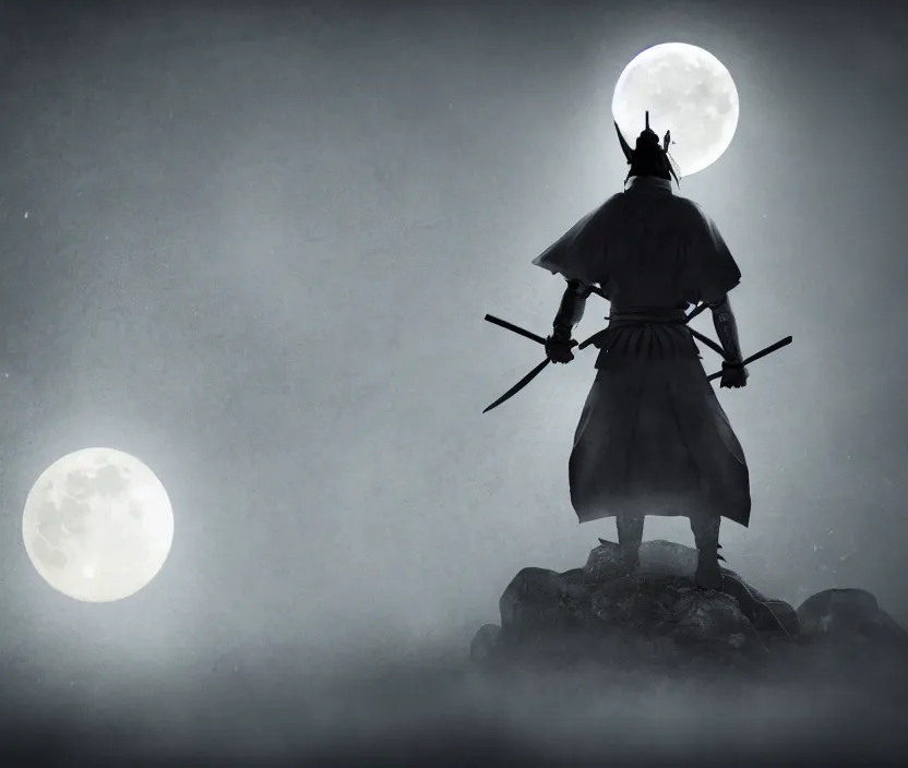 Image similar to '2d design graphic a samurai in the night ,big white moon background , gloomy and foggy atmosphere, octane render, horror scene, highly detailded , black and white ink '