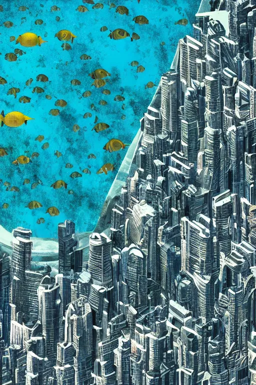 Image similar to ” marine life swimming around a huge city, overdetailed image, ultra realistic, 8 k ”