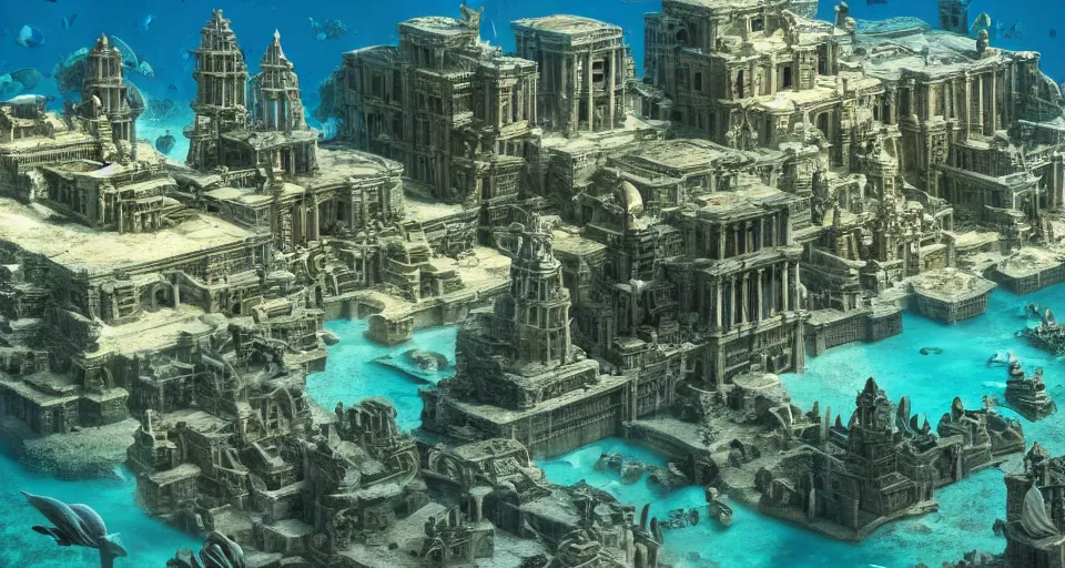 Prompt: a magnificent underwater photo of the lost city of Atlantis, landscape, fully built buildings, hyper detailed, 4K