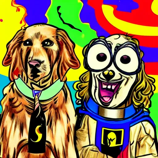 Prompt: a golden retriever and a raccoon dressed as crazy superheroes scientists on an adventure in space, 1960s psychedelic style, photorealistic