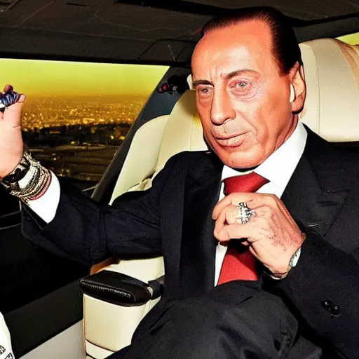 Image similar to Silvio Berlusconi Is a gangsta rapper, doing lines on the helicopter and landing at the Piper Disco, with rolex, bling bling and a bandana, and the whole police his guarding his back