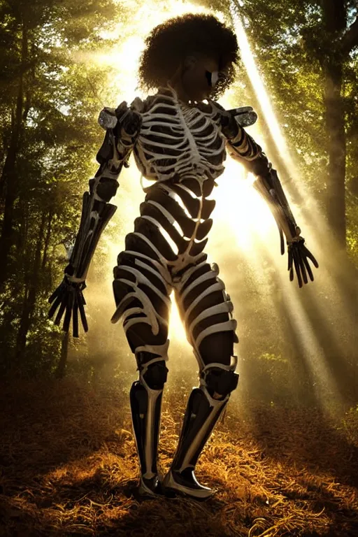 Prompt: hyperrealistic gorgeous black woman highly detailed exoskeleton bone armor in a forest sun behind her god rays concept art eric zener elson peter dramatic light low angle hd 8k sharp focus