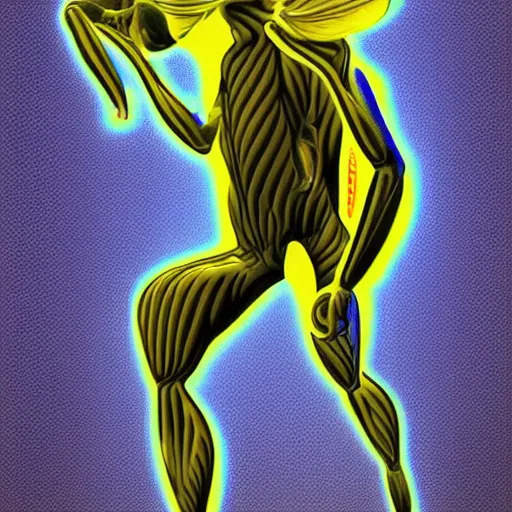 Image similar to human man that resembles a wasp morh in surreal sketch style, blue and yellow gradient, noise, ultrafine detail, hd 8k, logo illustration