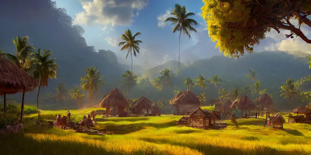 Image similar to Lively sunny landscape of a kerala village realistic detailed digital art by Maxwell Boas Jessica Rossier Christian Dimitrov Anton Fadeev trending on Artstation CGSociety rendered in Unreal Engine 4k HQ