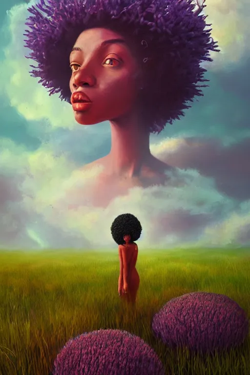 Prompt: closeup, giant flower head, black woman in heather field, surreal photography, starlight, storm clouds, impressionist painting, digital painting, artstation, simon stalenhag