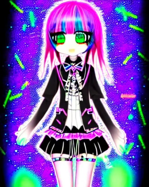 Image similar to a hologram of decora styled yotsuba koiwai wearing a gothic spiked jacket, holography, irridescent, baroque visual kei decora art