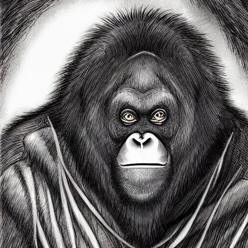 Prompt: orangutan drawn in the style of berserk manga, 4 k, high resolution, illustration, badass