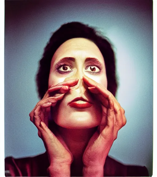 Image similar to a spy astral projecting, symmetrical face, photorealistic, dramatic, low - angle, 1 2 0 mm film, medium format, rolleiflex, ektachrome, studio lighting, mystical, paranormal, shot by bruce davidson