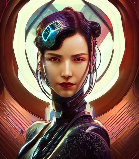 Prompt: portrait of a cyberpunk art deco woman who looks like Akeno Himejima sci-fi, fantasy, intricate, elegant, highly detailed, digital painting, artstation, smooth, sharp focus, illustration, art by artgerm and greg rutkowski and alphonse mucha