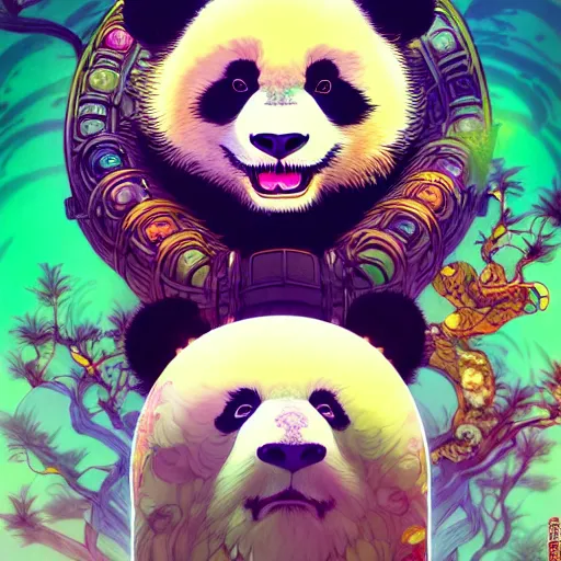 Image similar to a beautiful hyperdetailed character design 4 k wallpaper illustration of a cute panda with a chinese lion dance head victo ngai cyberpunk style, from china, style of studio ghibli, makoto shinkai, raphael lacoste, louis comfort tiffany, artgerm, james jean, ross tran, chinese style