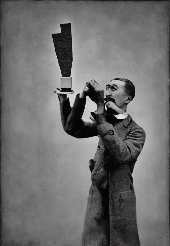 Image similar to a man holding up a single chess piece, a surrealist painting by marcel duchamp, complex artificial intelligence machinery, flickr contest winner, stuckism, surrealist, studio portrait, 1 9 2 0 s