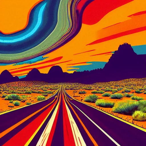 Image similar to !dream Utah desert Highway, retro, desert highway, retro colors, bold colors, drawn by Arthur Adams, 8k, digital art, artstation