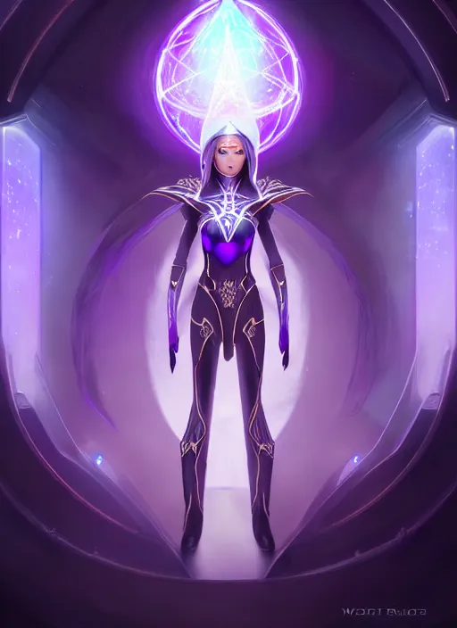 Image similar to portrait of an elf, eldar, aeldari, lady voidstar in full futuristic close fitting armor, glowing diagram of a pentagram and a star, intricate, elegant, purple, glowing lights, highly detailed, digital painting, artstation, concept art, smooth, sharp focus, illustration, art by wlop, mars ravelo and greg rutkowski