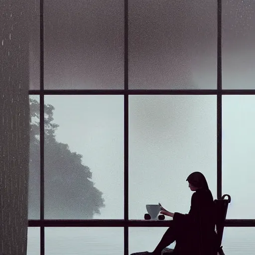 Image similar to on a rainy day, the girl sits in a clean high - end coffee shop and looks out the window, illustration, concept art, elegant, smooth, serene landscape, lonely, sad, caspar david friedrich, beeple