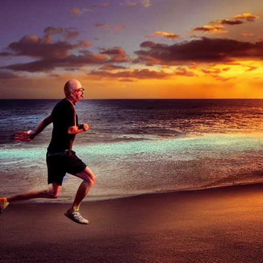 Image similar to Walter White running on the beach, artistic, 8k, cinematic, accurate, symetric, face, dramatic lighting, pastel colours