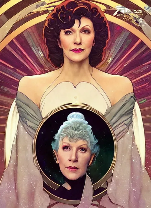 Image similar to a painting of majel barrett as lwaxana troi, space empress. beautiful art by artgerm and greg rutkowski and alphonse mucha