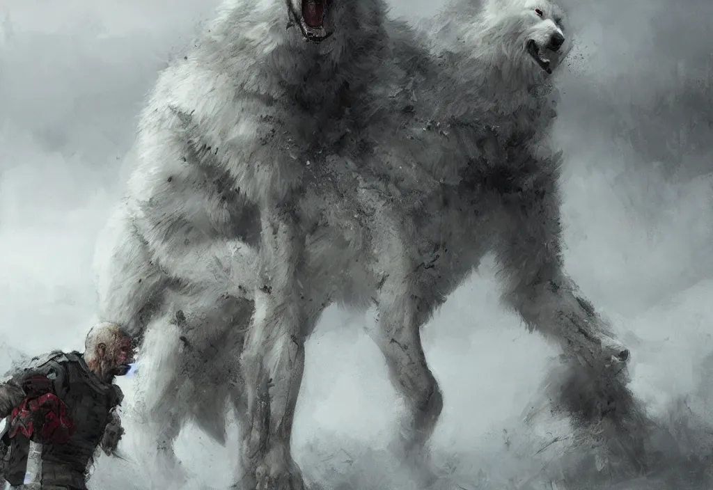 Image similar to a man his knees morphing into a white wolf, artstation, jakub rozalski, high detail, dramatic lighting