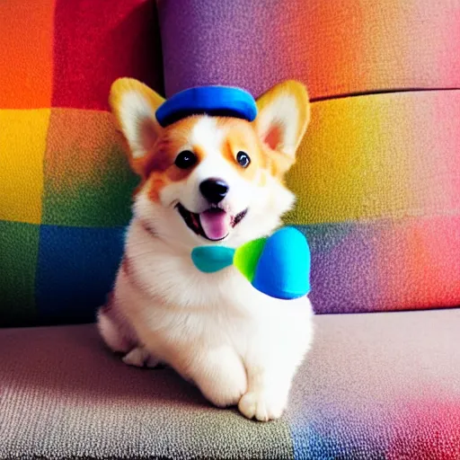Image similar to 8k highly detailed photograph of the most adorable Corgi Puppy wearing a cute rainbow bowler hat, posing on my couch, golden hour,