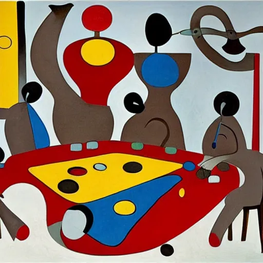 Prompt: by joan miro, by tony northrup in greece insane. a beautiful sculpture of a group of monkeys playing backgammon. the monkeys are seated around a table, with some of them appearing to be deep in concentration while others appear to be playing more casually.