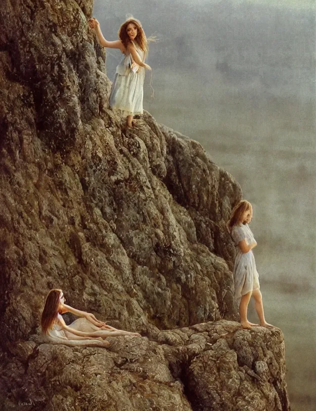 Image similar to peasant barefoot girl with long blowing hair standing on the edge of rock, cottage core, cinematic focus, polaroid photo bleached vintage pastel colors high - key lighting, soft lights, foggy, by steve hanks, by lisa yuskavage, by serov valentin, by tarkovsky, 8 k render, detailed, oil on canvas